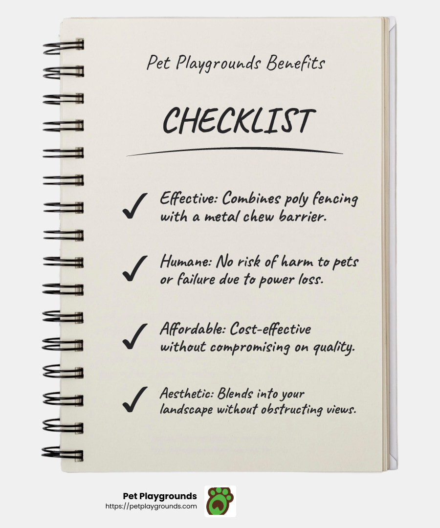 Non-electric dog fences are cost-effective, safe, reliable, and require minimal maintenance. - coyote fence infographic checklist-notebook