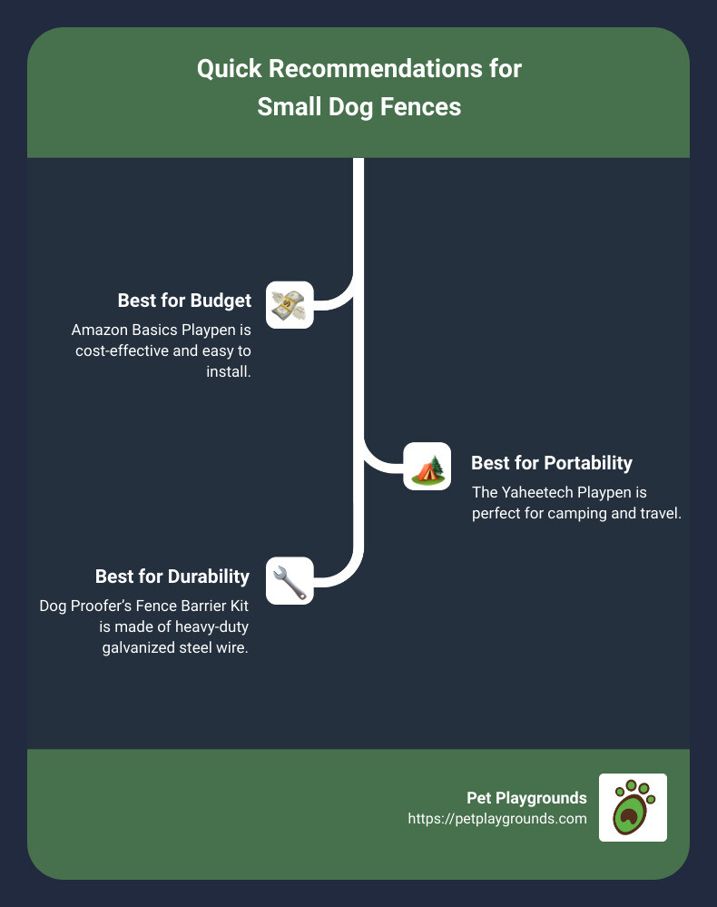 Quick recommendations for small dog fences: Amazon Basics Playpen, Yaheetech Playpen, Dog Proofer’s Fence Barrier Kit, DIY Freestanding Dog Fence - small dog fence infographic infographic-line-3-steps
