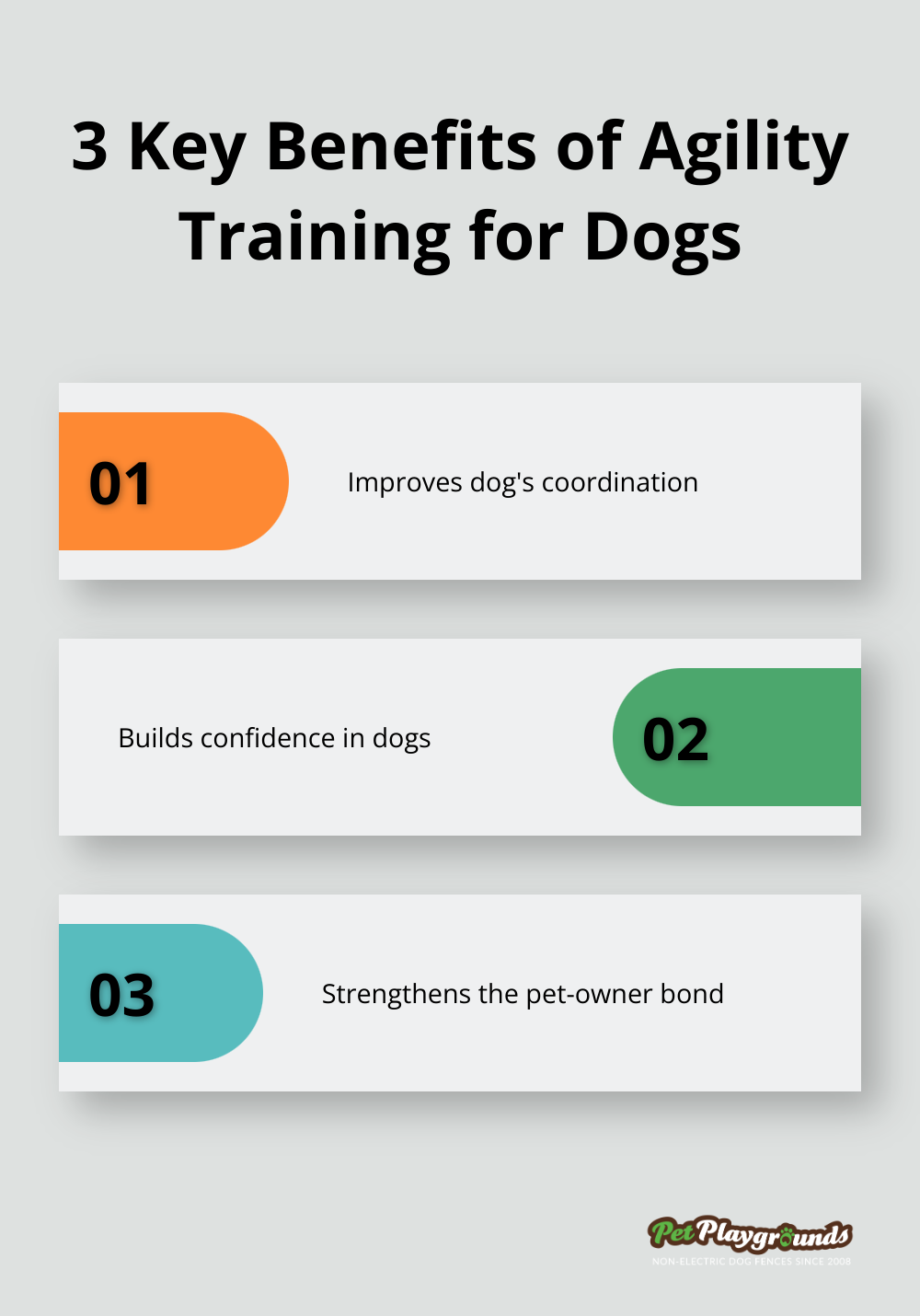 Infographic highlighting 3 benefits of agility training: improved coordination, increased confidence, and stronger pet-owner bond - Quick installation